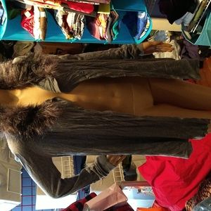 JLo Long Lightweight Gray Cardigan Removable Faux Fur Collar